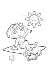 Dora is very happy. She is the sun on the beach. She sits on a bath sheet and she has her right leg bent. She stretches her arm out to the smiling Sunday Beside her a crab and a starfish in the sand.
